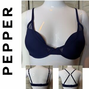 Pepper bra 34B navy blue padded mesh convertible racerback straps EUC